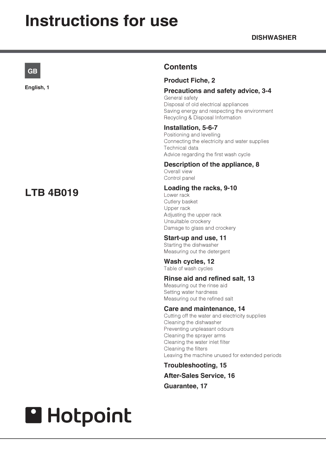 Hotpoint LTB 4B019 manual Instructions for use 