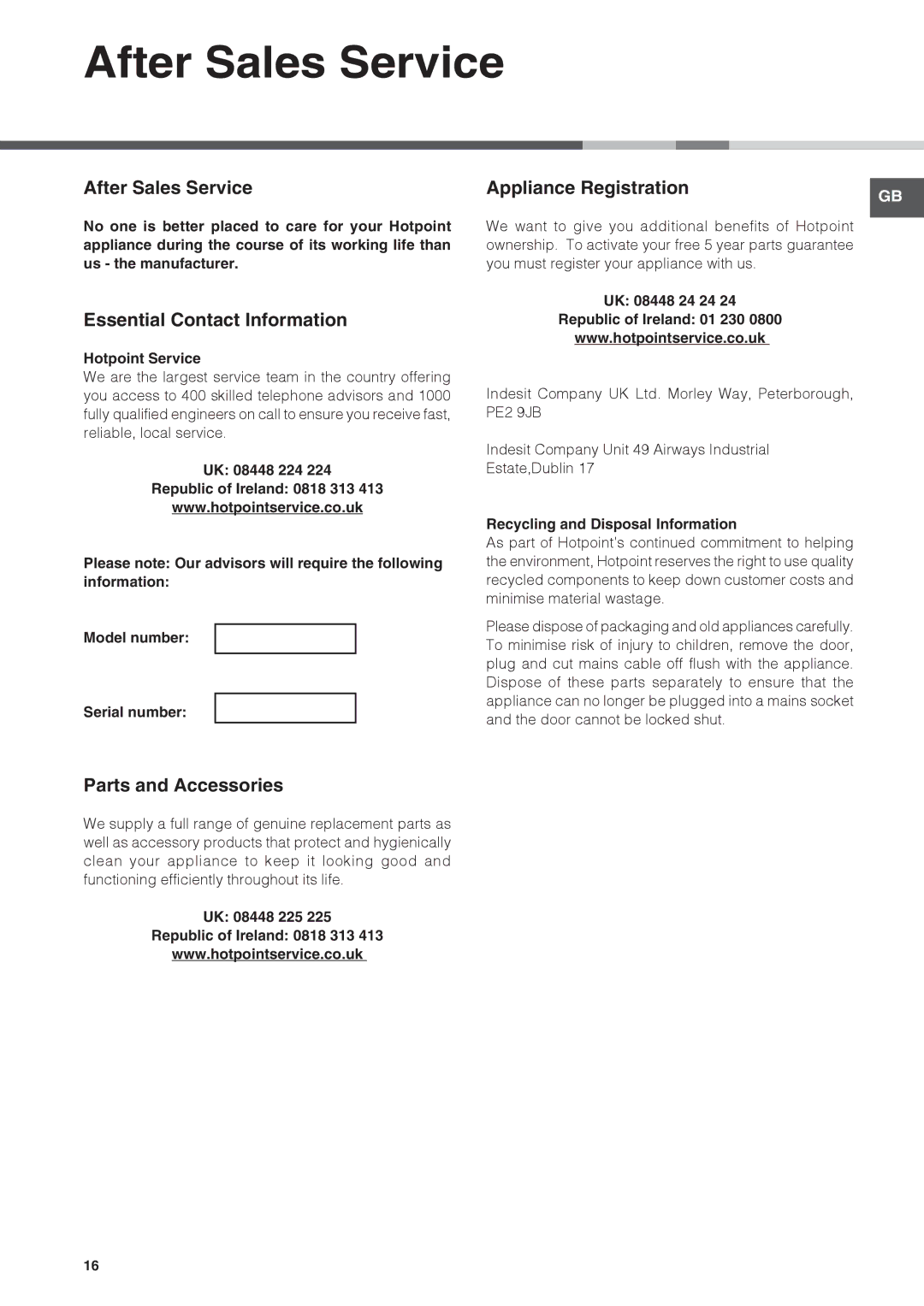 Hotpoint LTB 4B019 manual After Sales Service, Essential Contact Information, Appliance Registration, Parts and Accessories 