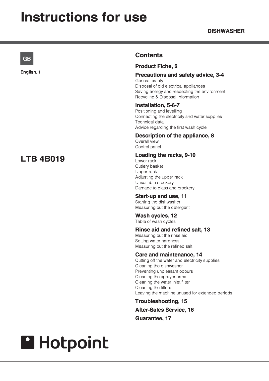 Hotpoint LTB 4B019 manual Instructions for use, Contents 