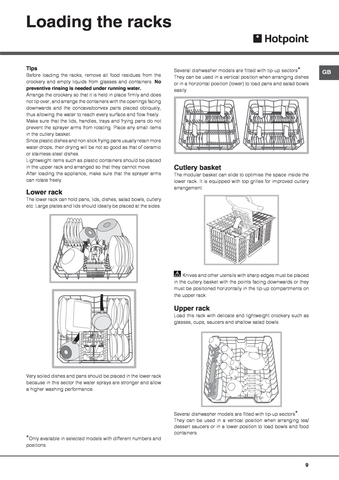 Hotpoint LTB 4B019 manual Loading the racks, Lower rack, Cutlery basket, Upper rack, Tips 
