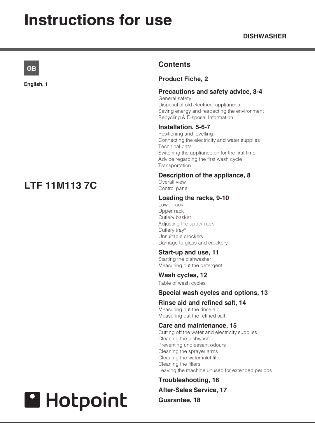 Hotpoint LTF 11M113 7C manual Instructions for use, Contents 