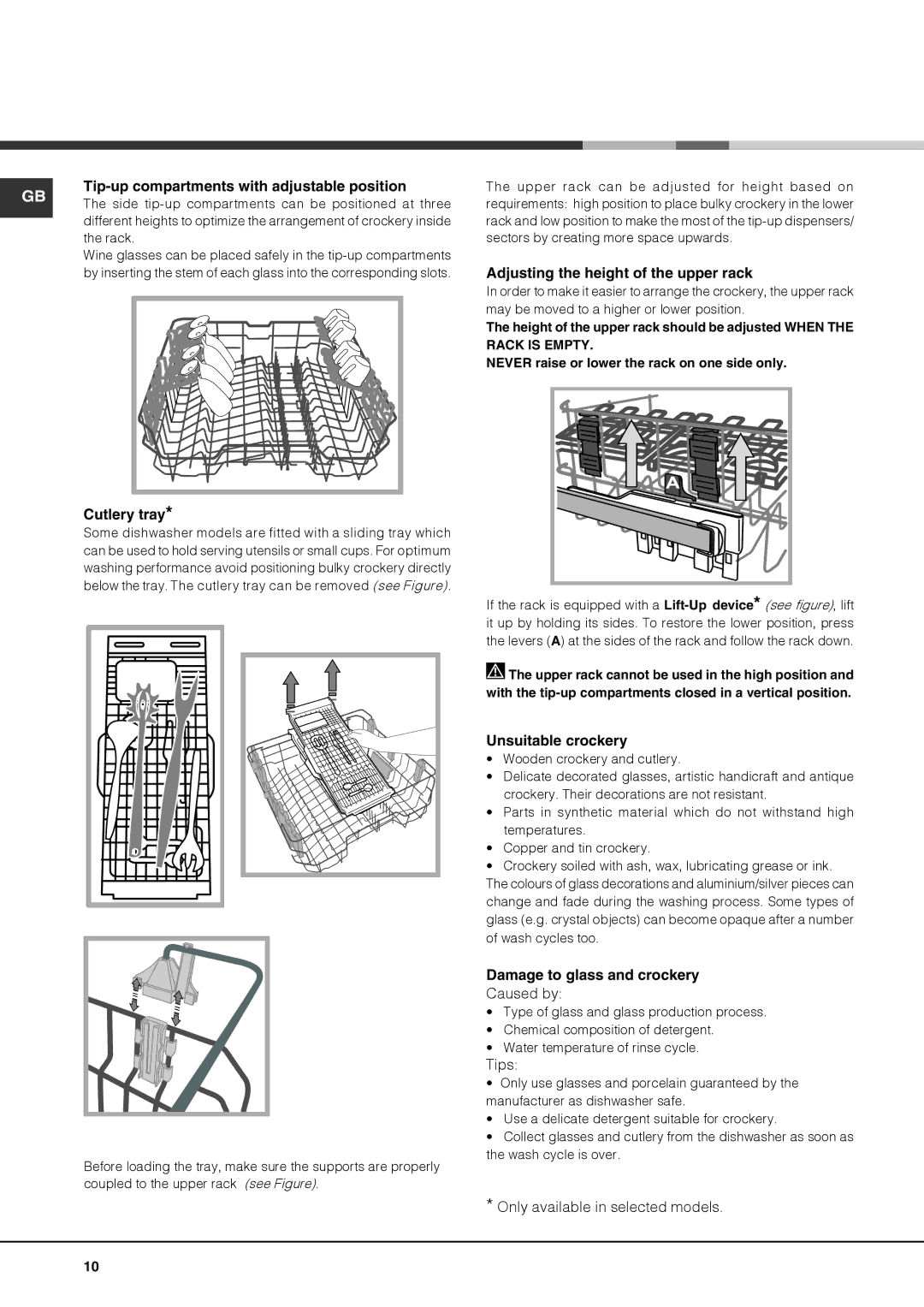 Hotpoint LTF 11M113 7C Tip-up compartments with adjustable position, Cutlery tray, Adjusting the height of the upper rack 