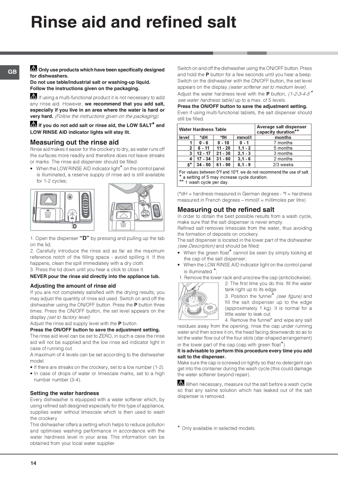 Hotpoint LTF 11M113 7C manual Rinse aid and refined salt, Measuring out the rinse aid, Measuring out the refined salt 