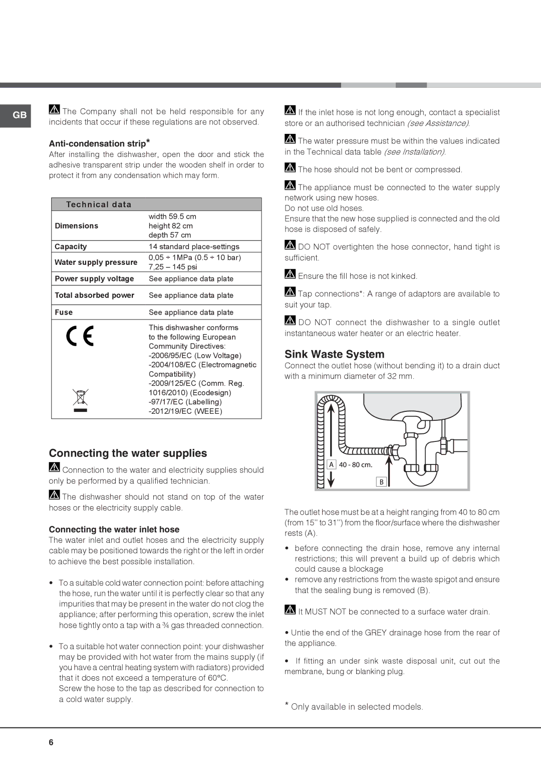 Hotpoint LTF 11M113 7C manual Sink Waste System, Connecting the water supplies, Anti-condensation strip 