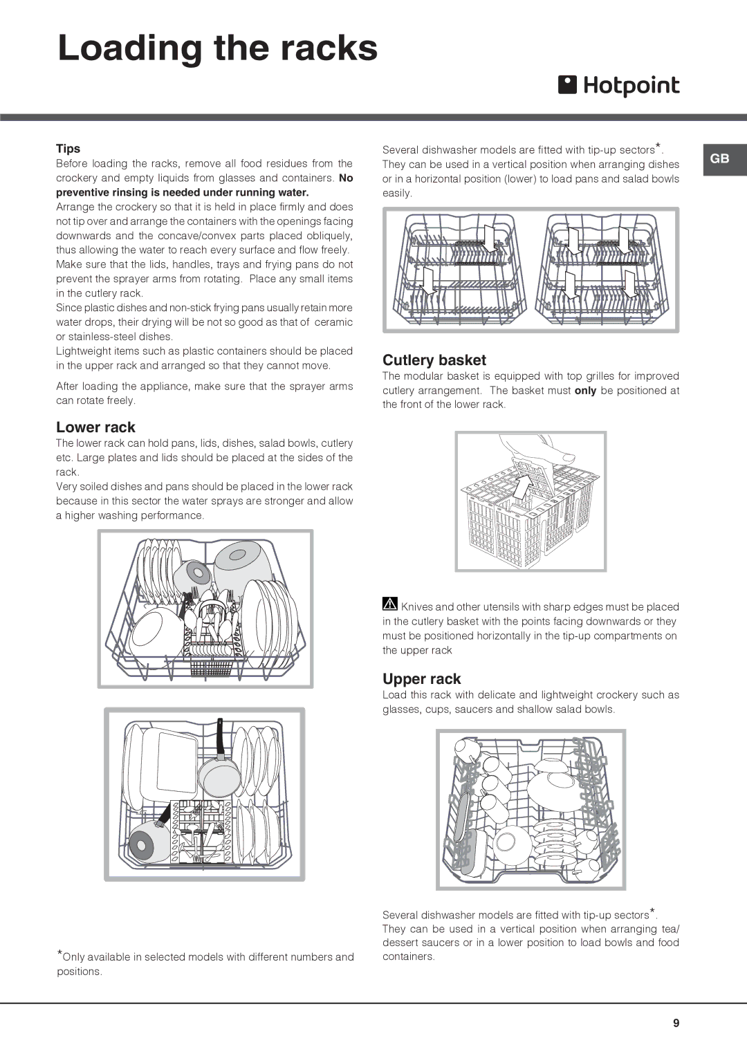 Hotpoint LTF 11M113 7C manual Loading the racks, Cutlery basket, Lower rack, Upper rack, Tips 