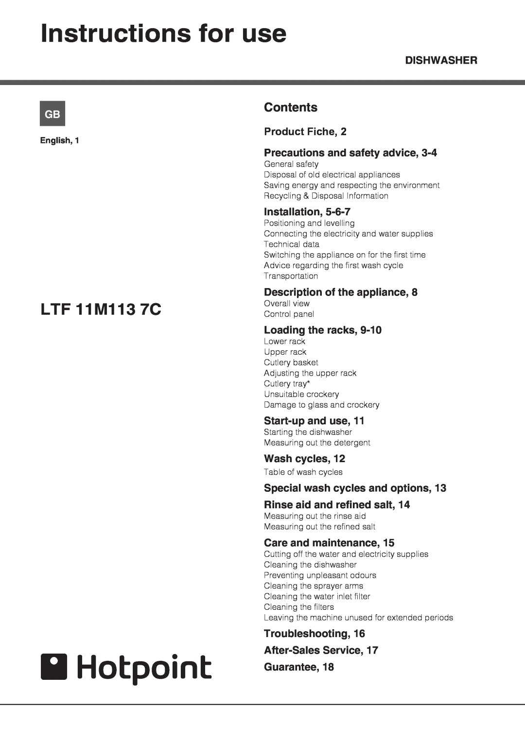 Hotpoint LTF 11M113 7C manual Instructions for use, Contents, Product Fiche 