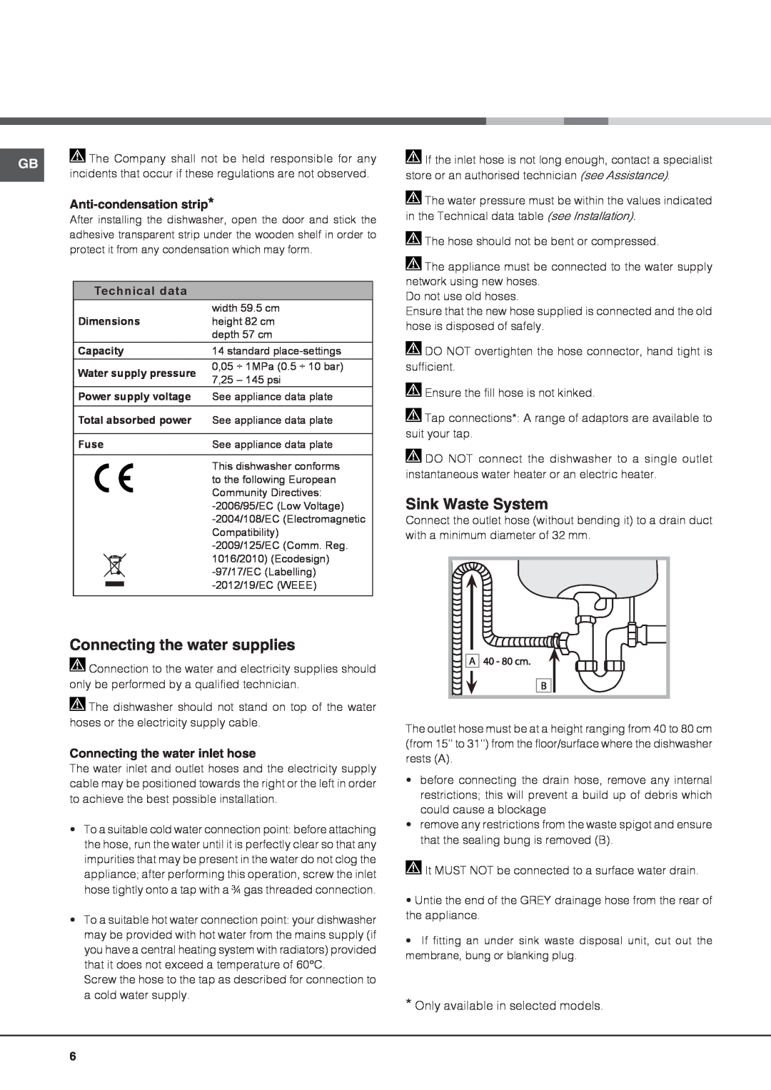 Hotpoint LTF 11M113 7C manual Sink Waste System, Connecting the water supplies, Anti-condensationstrip, Technical data 