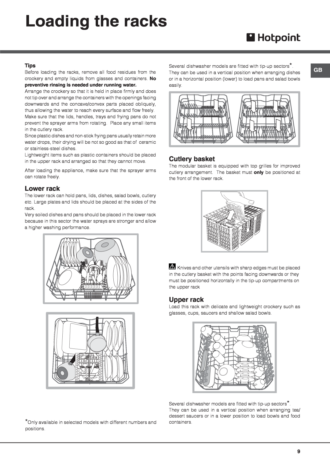 Hotpoint LTF 11M113 7C manual Loading the racks, Cutlery basket, Lower rack, Upper rack, Tips 