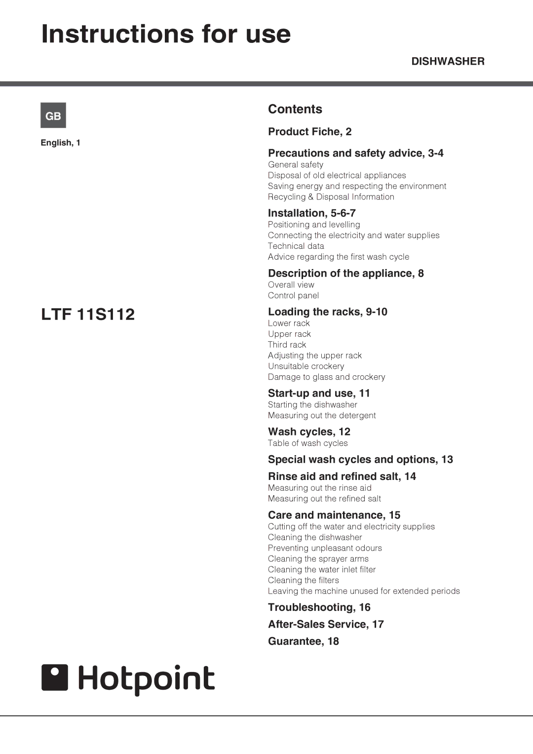 Hotpoint LTF 11S112 manual Instructions for use 