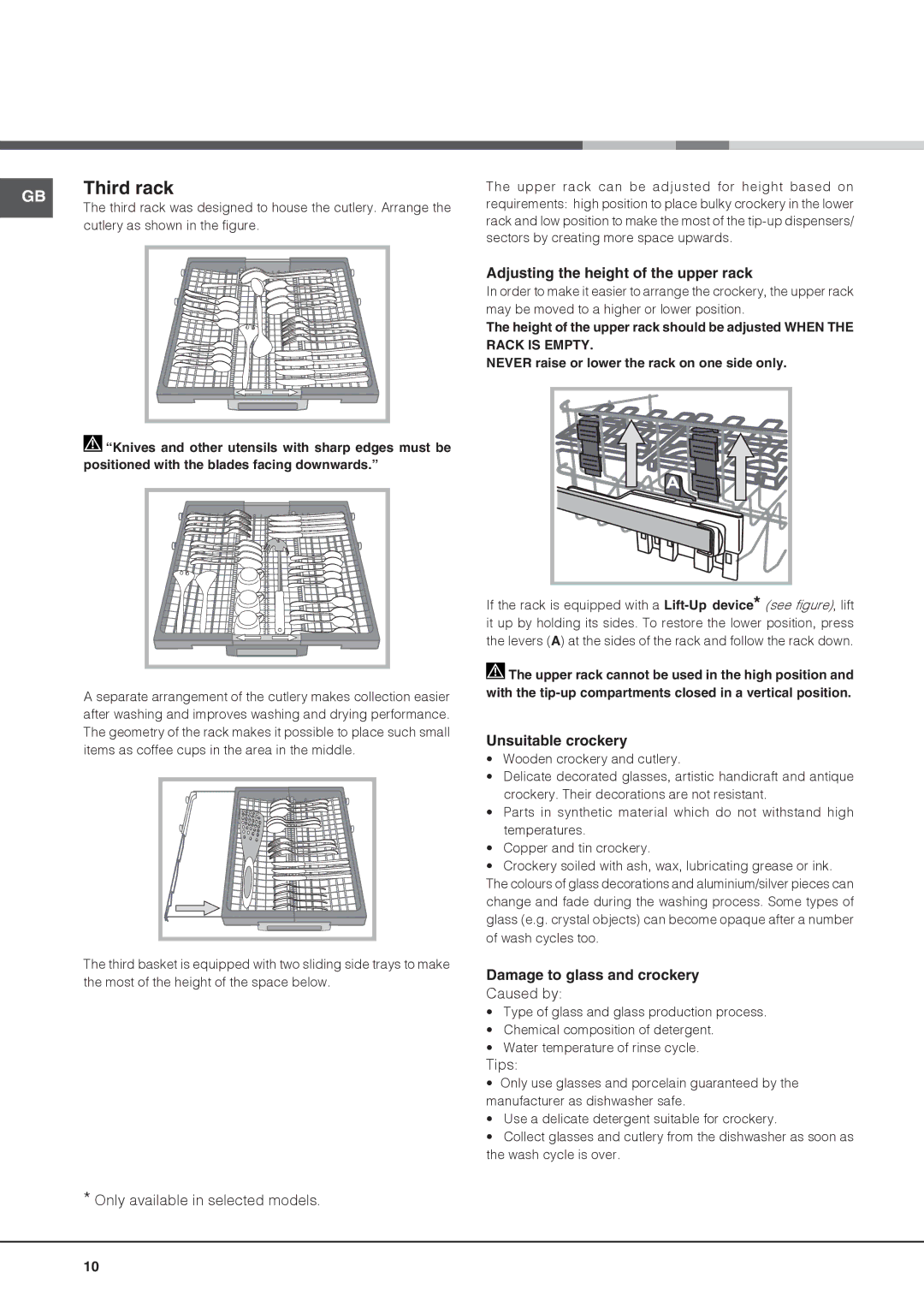 Hotpoint LTF 11S112 Third rack, Adjusting the height of the upper rack, Unsuitable crockery, Damage to glass and crockery 
