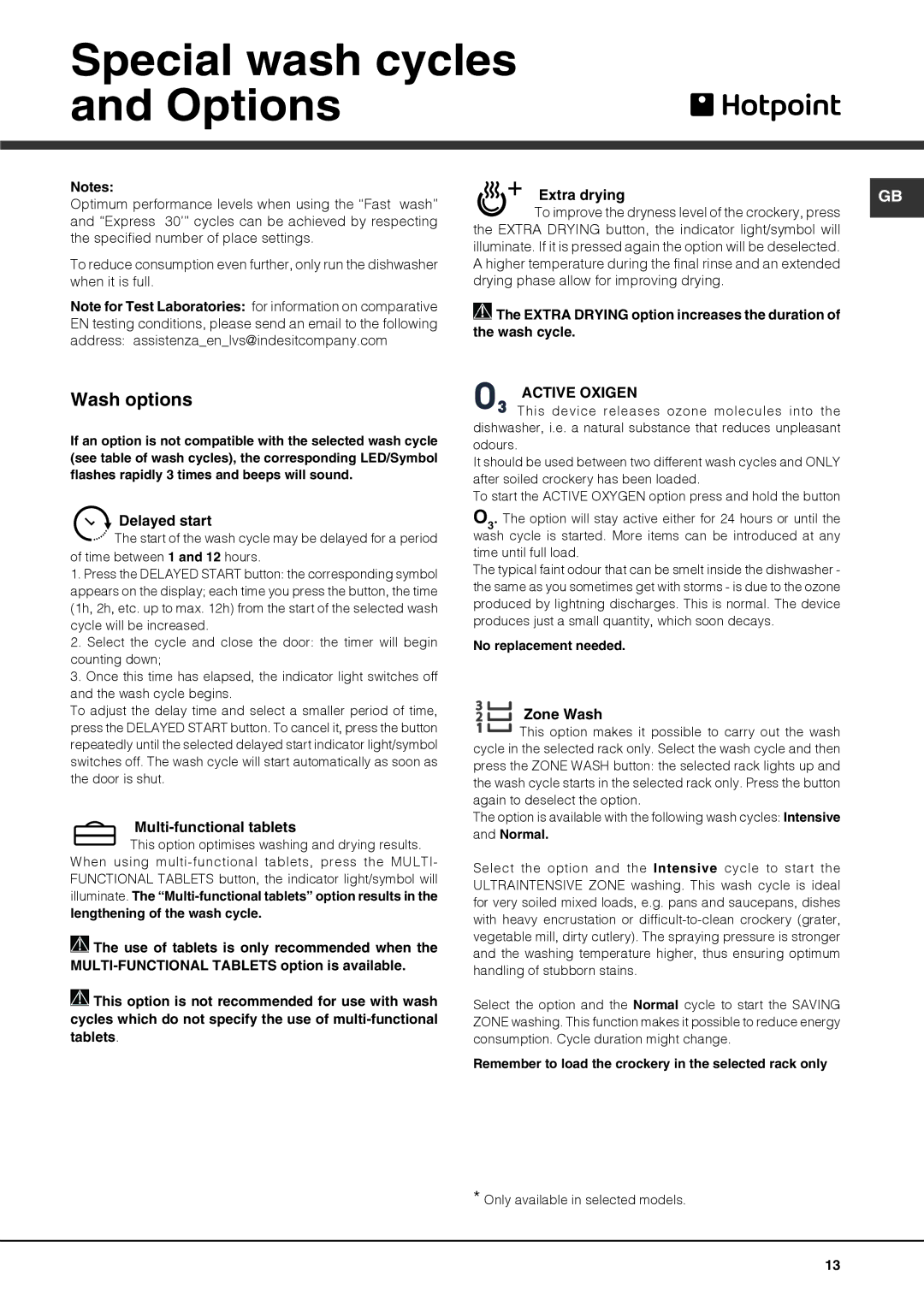 Hotpoint LTF 11S112 manual Special wash cycles and Options, Wash options 