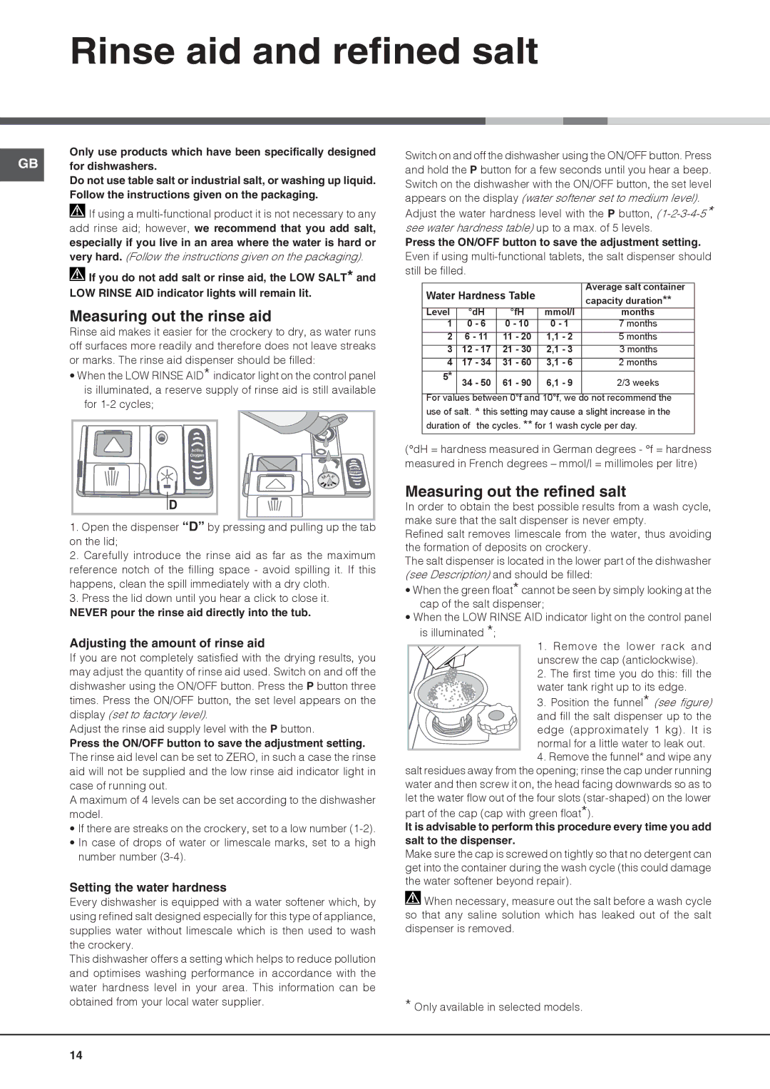 Hotpoint LTF 11S112 manual Rinse aid and refined salt, Measuring out the rinse aid, Measuring out the refined salt 