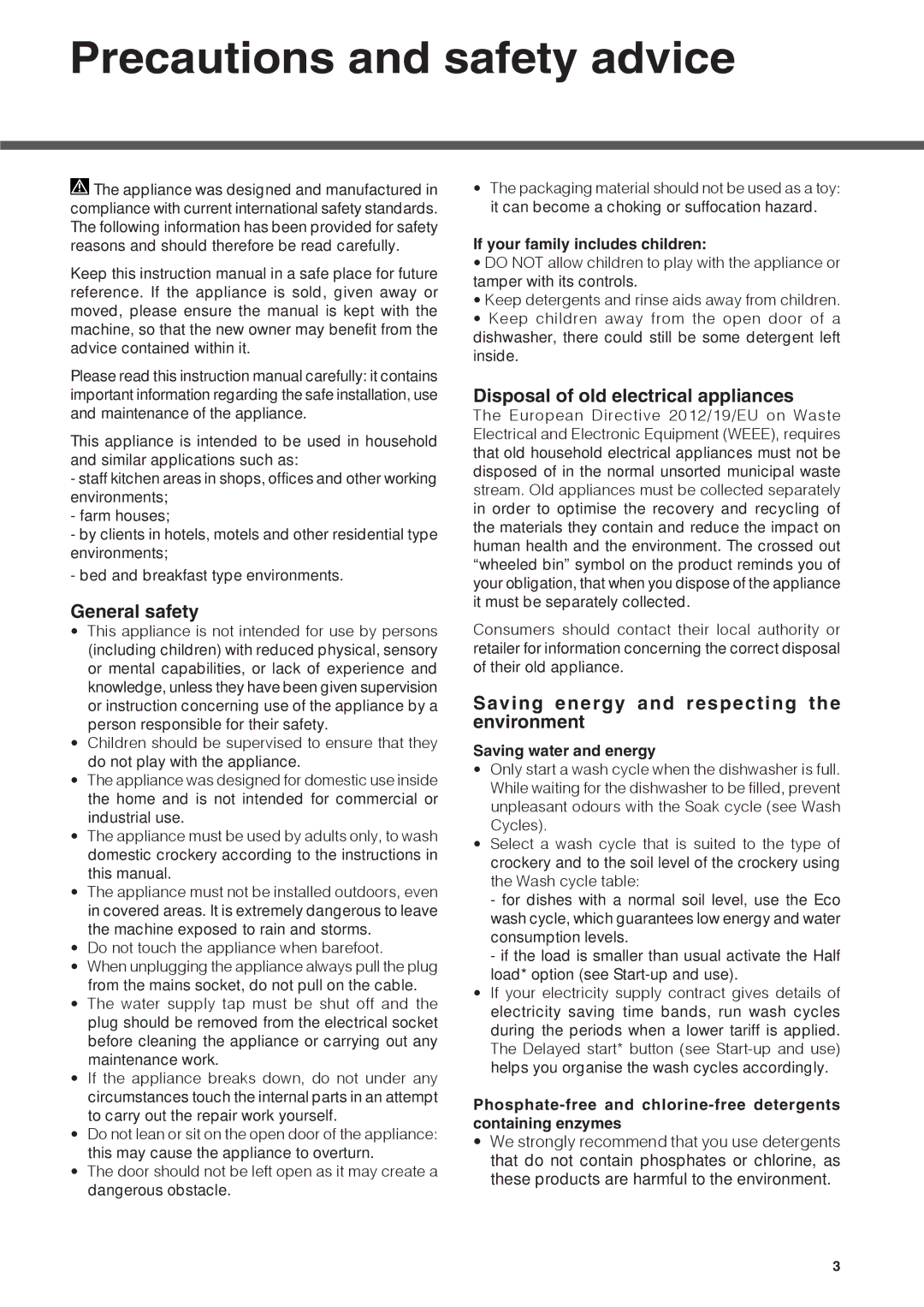 Hotpoint LTF 11S112 manual Precautions and safety advice, General safety, Disposal of old electrical appliances 