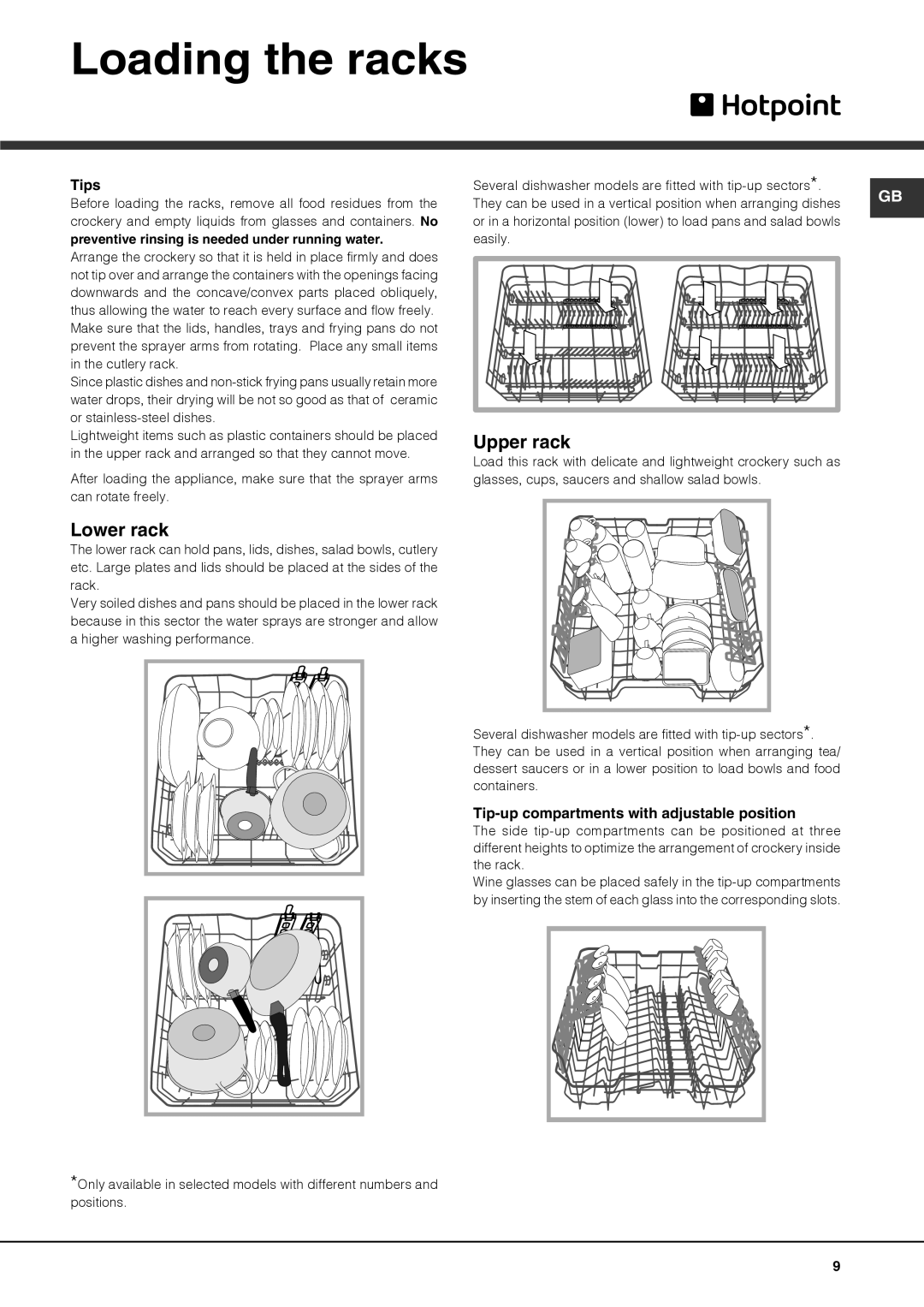 Hotpoint LTF 11S112 manual Loading the racks, Upper rack, Lower rack, Tips, Tip-up compartments with adjustable position 