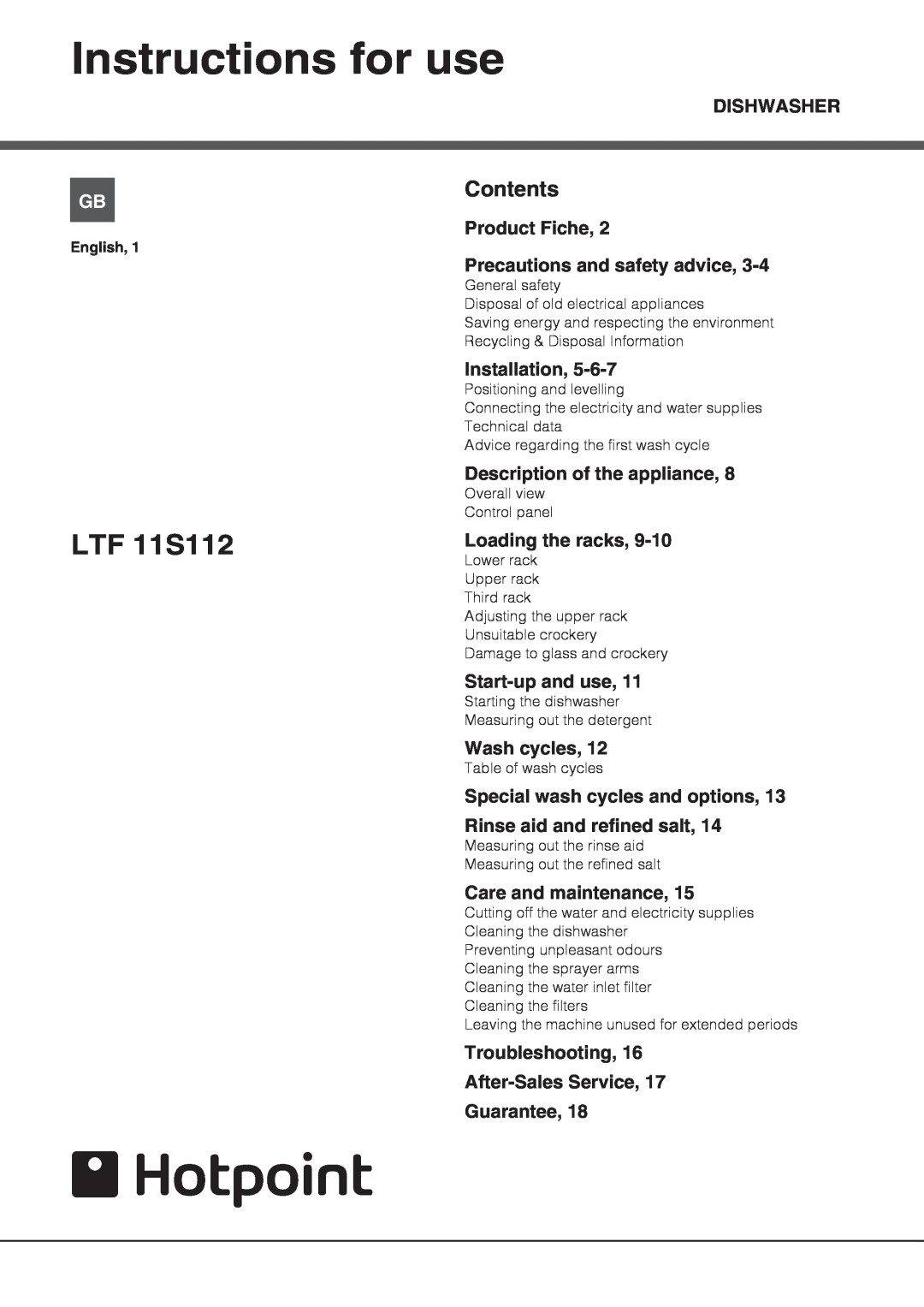 Hotpoint LTF 11S112 manual Instructions for use, Contents 