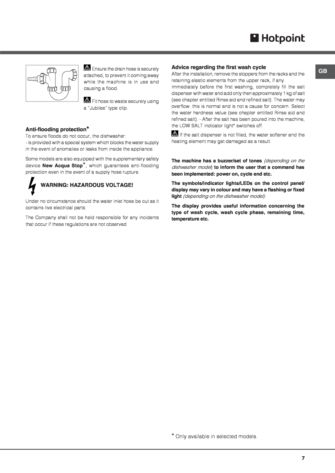 Hotpoint LTF 11S112 manual Anti-floodingprotection, Warning Hazardous Voltage, Advice regarding the first wash cycle 