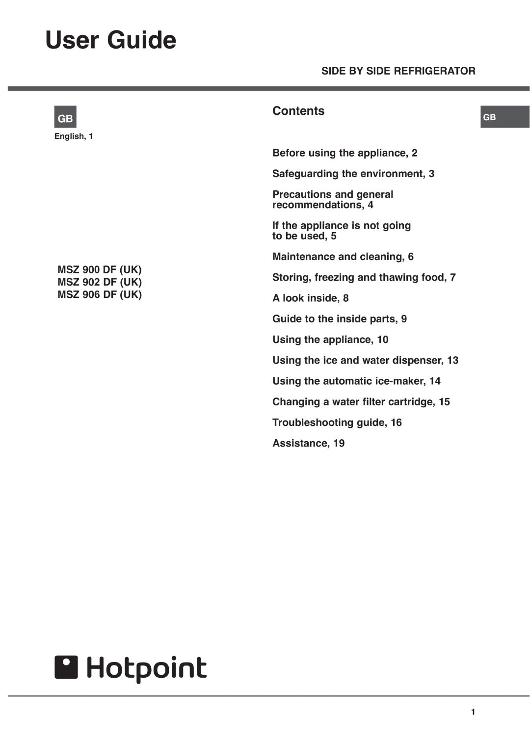 Hotpoint MSZ manual User Guide, Contents 