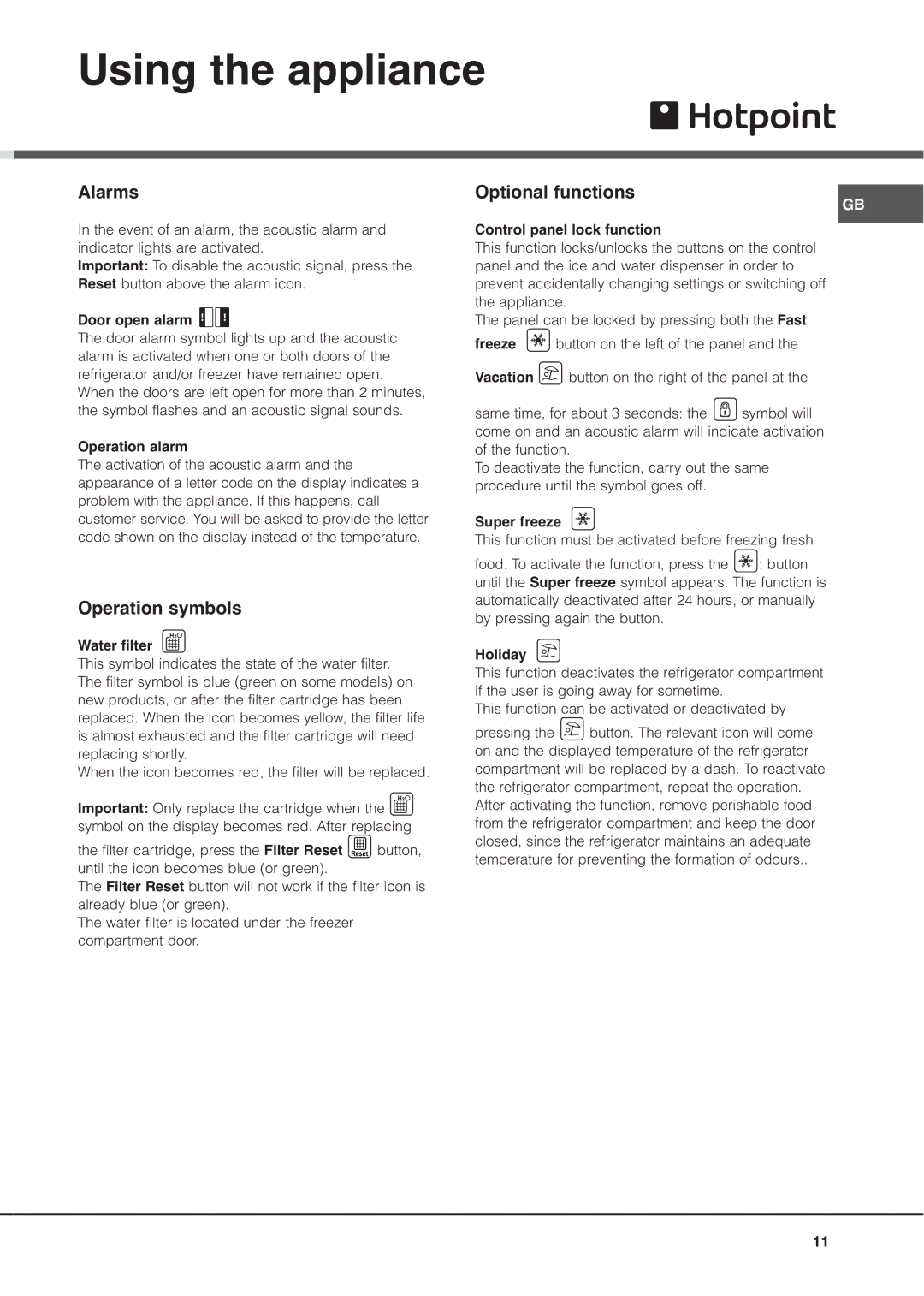 Hotpoint MSZ manual Alarms, Operation symbols, Optional functions 