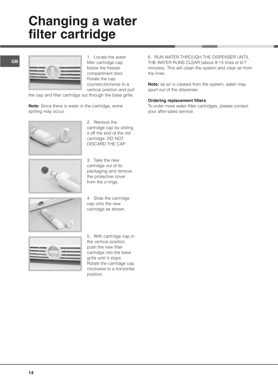 Hotpoint MSZ manual Changing a water filter cartridge, Ordering replacement filters 