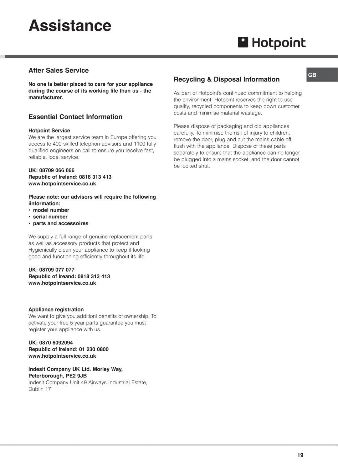 Hotpoint MSZ manual After Sales Service, Essential Contact Information, Hotpoint Service 