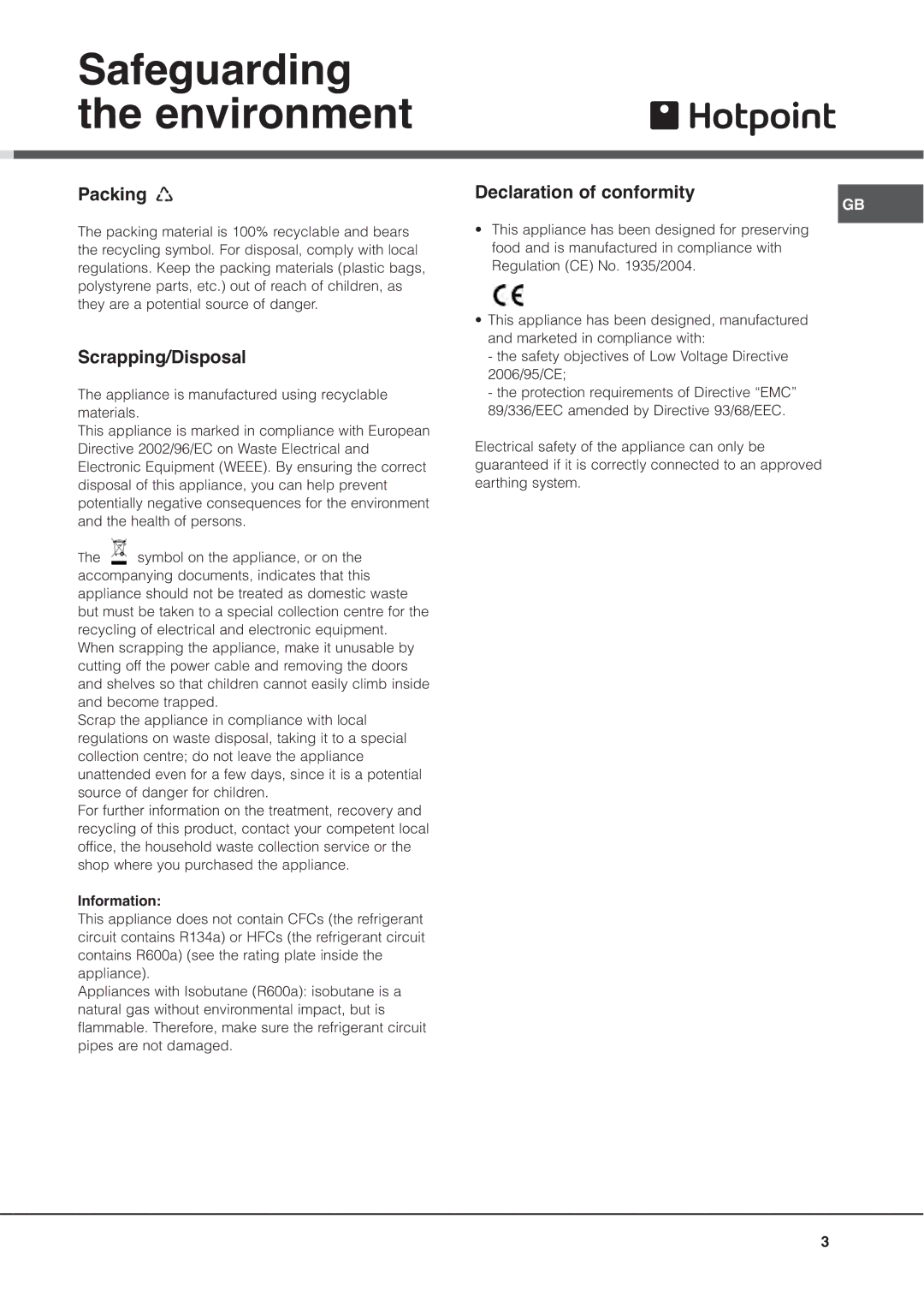 Hotpoint MSZ manual Safeguarding the environment, Packing, Scrapping/Disposal, Information 