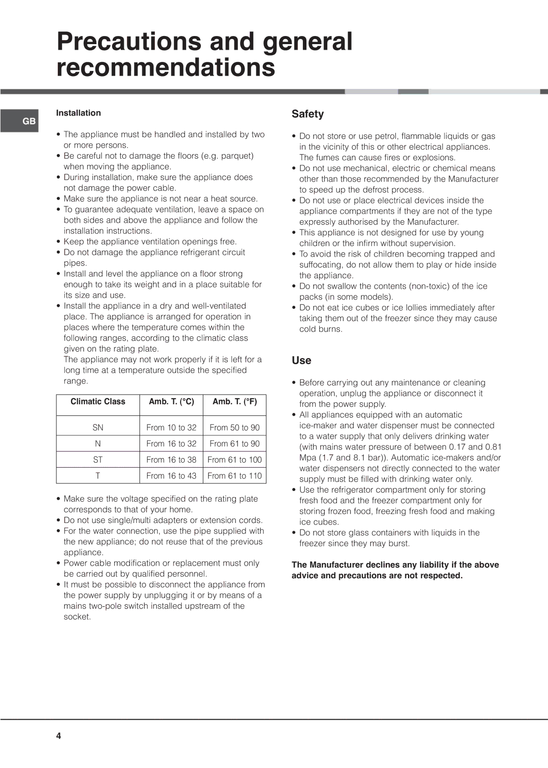 Hotpoint MSZ manual Precautions and general recommendations, Safety, Use, GB Installation 