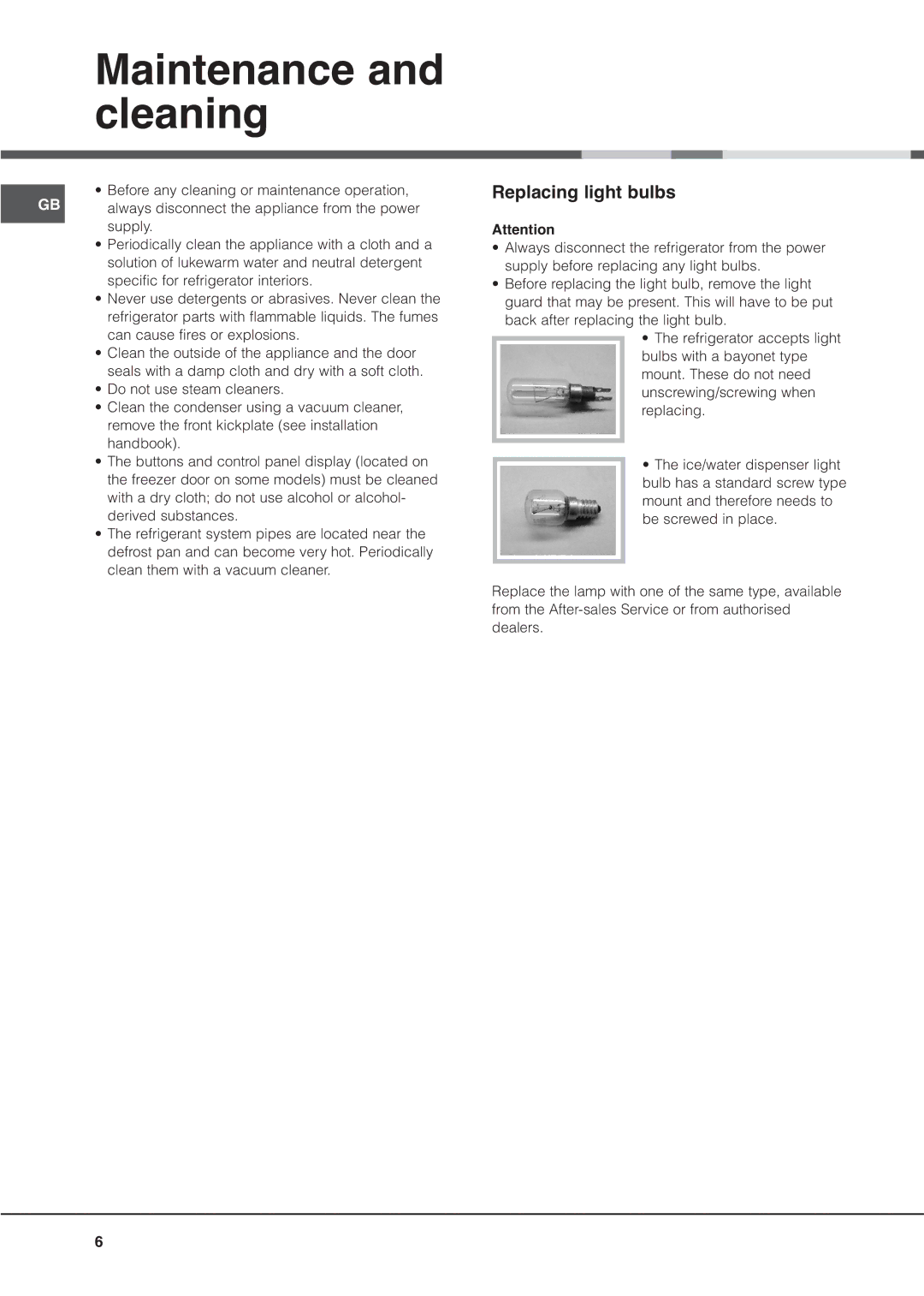 Hotpoint MSZ manual Maintenance, Cleaning, Replacing light bulbs 