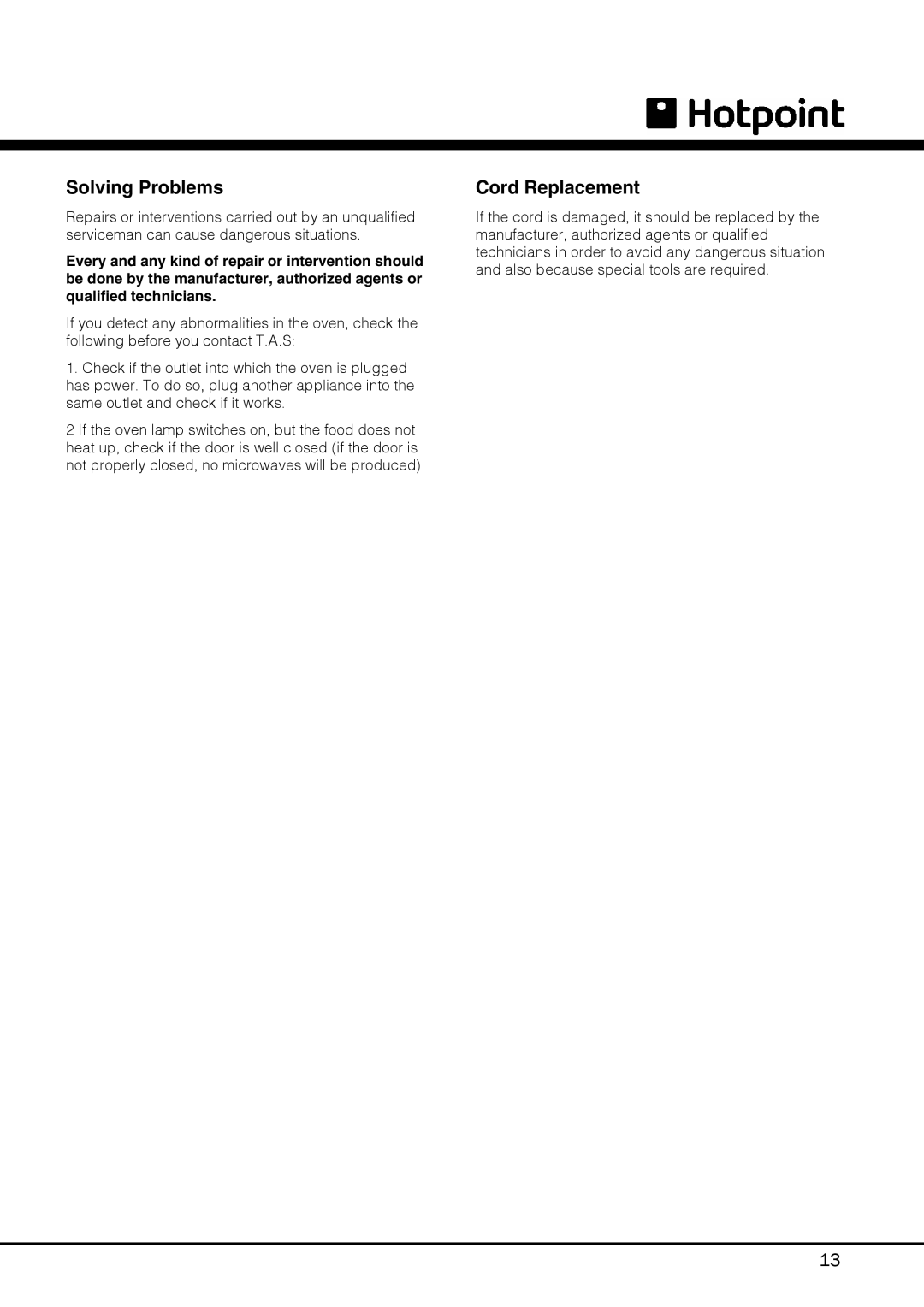 Hotpoint MWH 121 specifications Solving Problems, Cord Replacement 