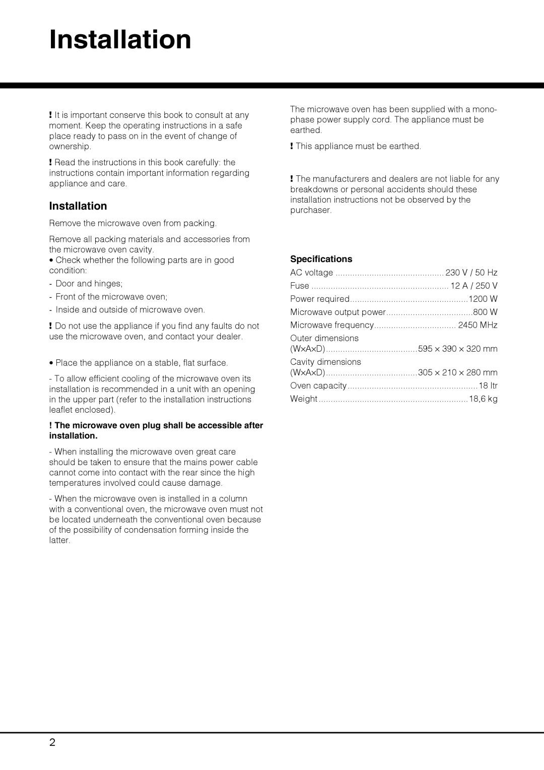 Hotpoint MWH 121 specifications Installation 