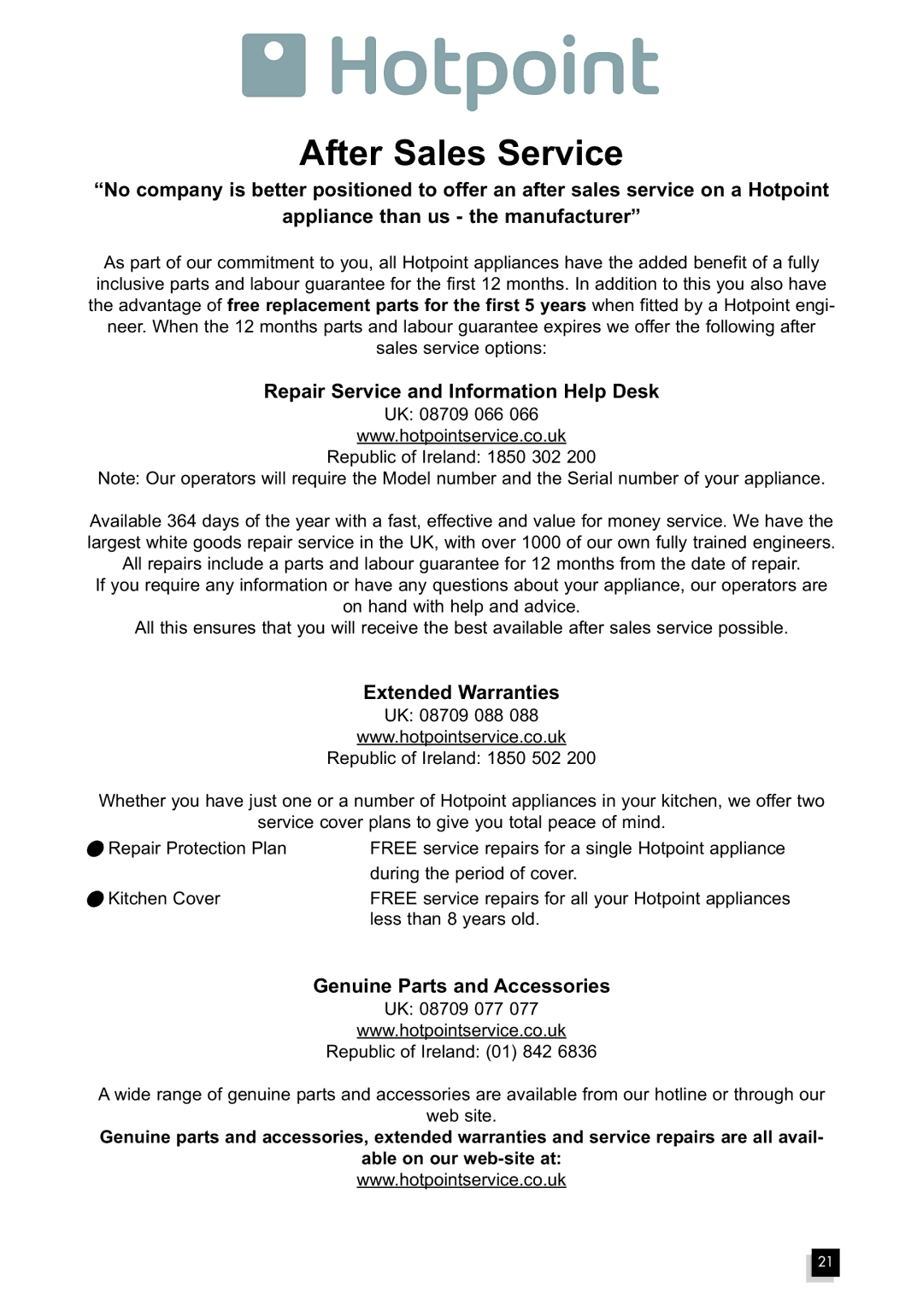 Hotpoint MWH211 manual After Sales Service, Repair Service and Information Help Desk 