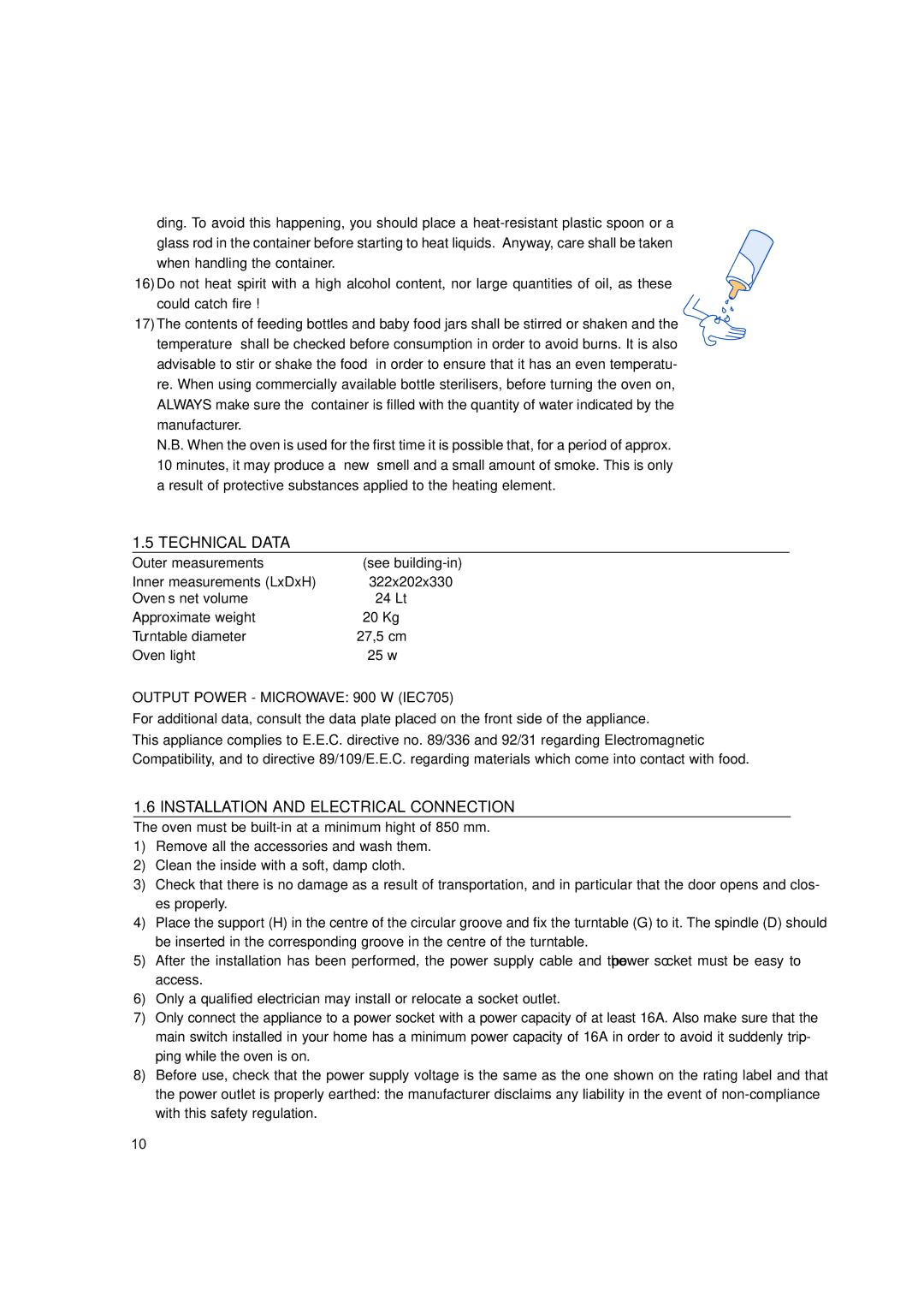 Hotpoint MWH221 manual Technical Data, Installation and Electrical Connection, Outer measurements 