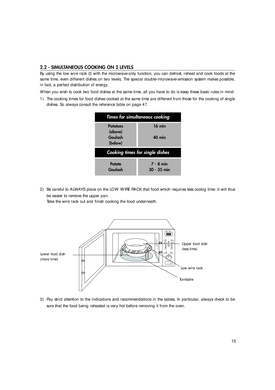 Hotpoint MWH221 manual Simultaneous Cooking on 2 Levels, Potatoes 16 min, 40 min, Patate Min, 35 min 