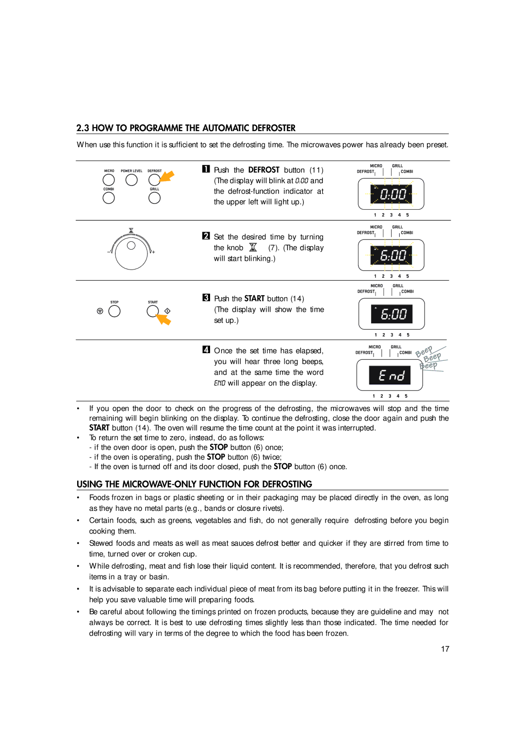 Hotpoint MWH221 manual HOW to Programme the Automatic Defroster, Using the MICROWAVE-ONLY Function for Defrosting 