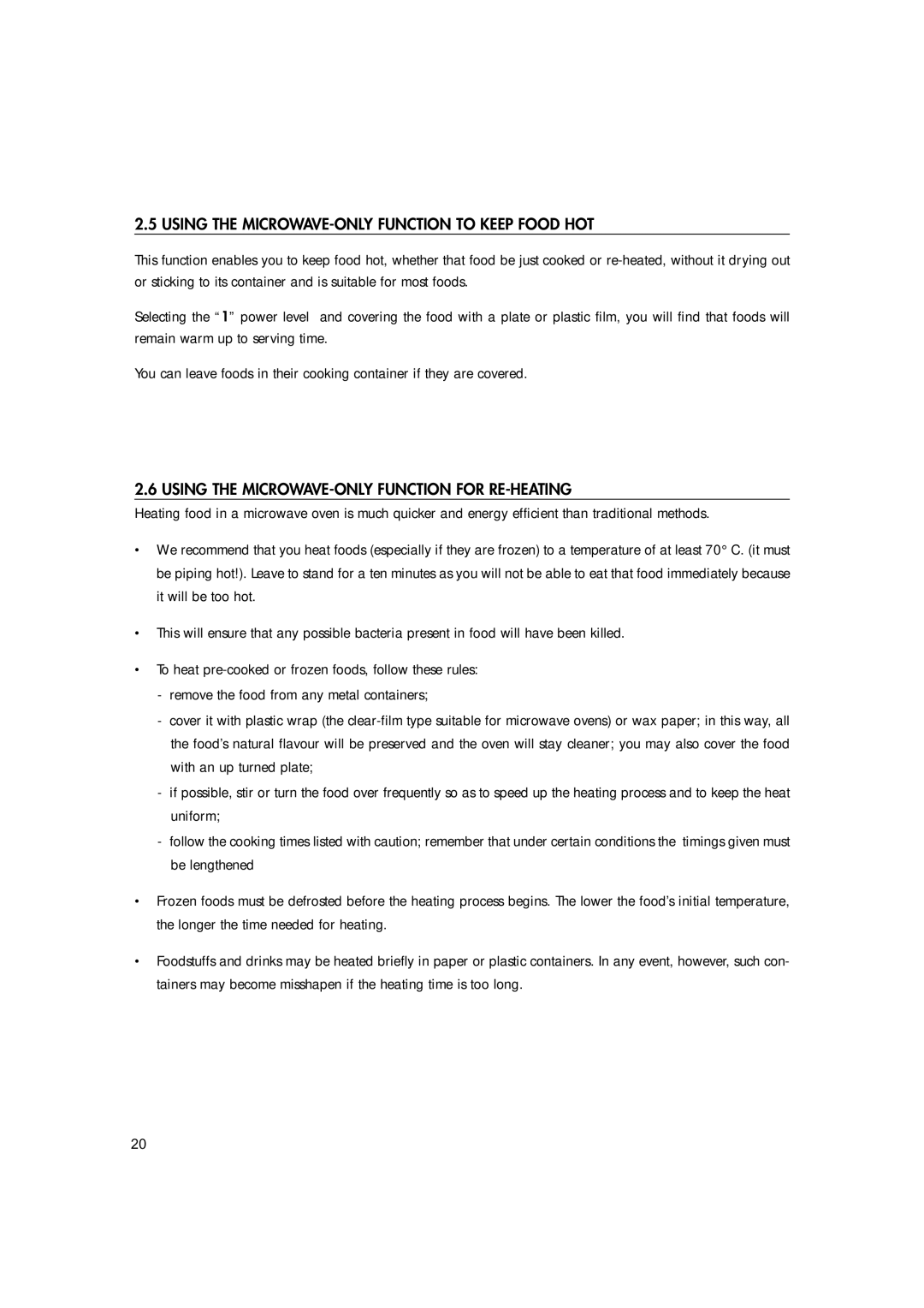 Hotpoint MWH221 manual Using the MICROWAVE-ONLY Function to Keep Food HOT, Using the MICROWAVE-ONLY Function for RE-HEATING 