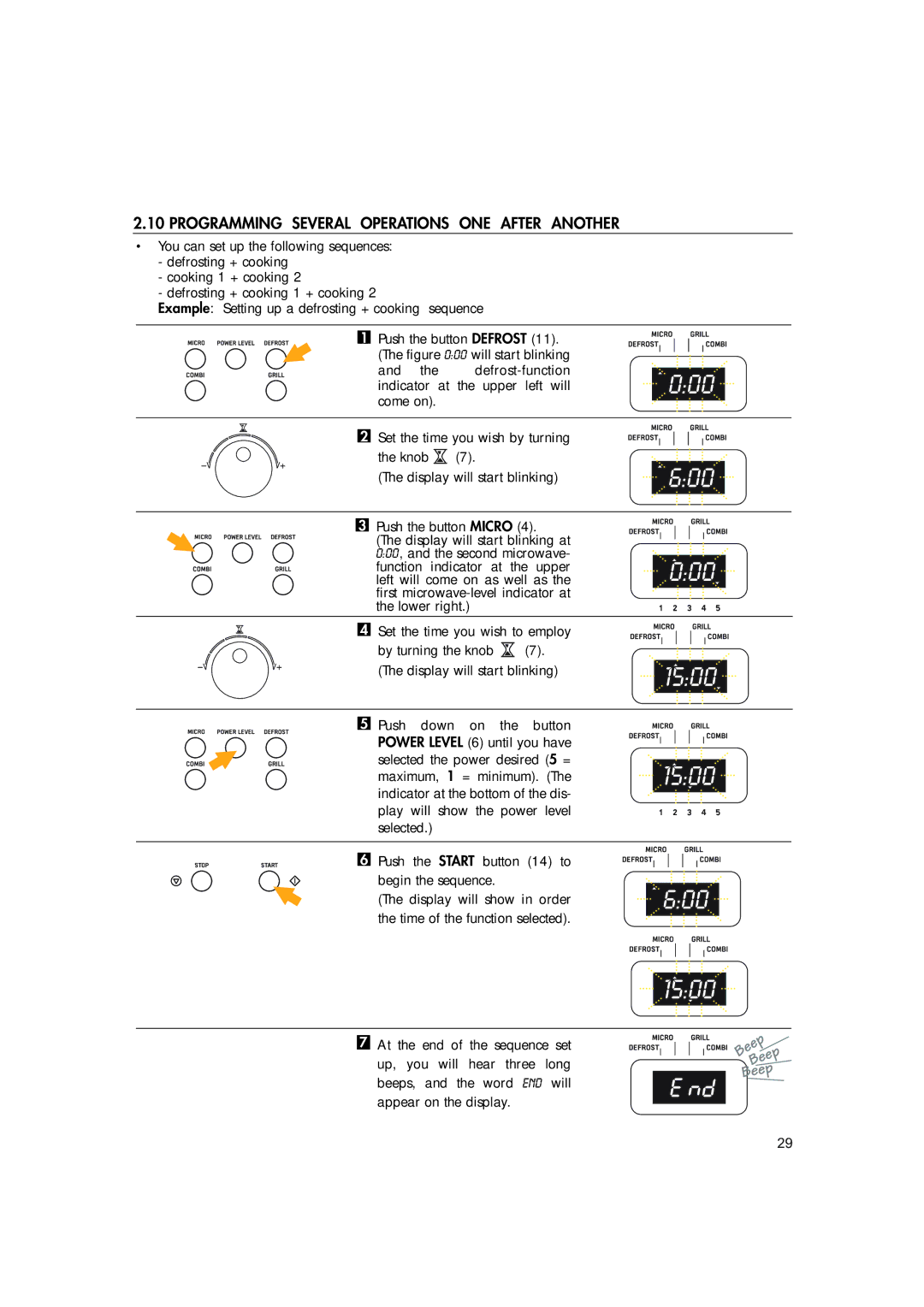 Hotpoint MWH221 Programming Several Operations ONE After Another, Display will show in order Time of the function selected 