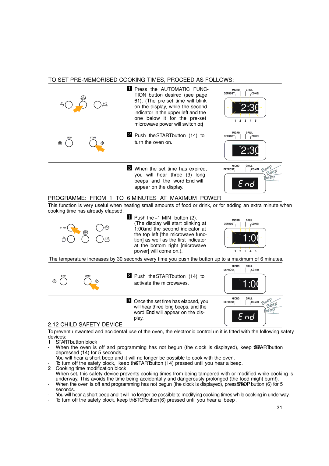 Hotpoint MWH221 To SET PRE-MEMORISED Cooking TIMES, Proceed AS Follows, Programme from 1 to 6 Minutes AT Maximum Power 