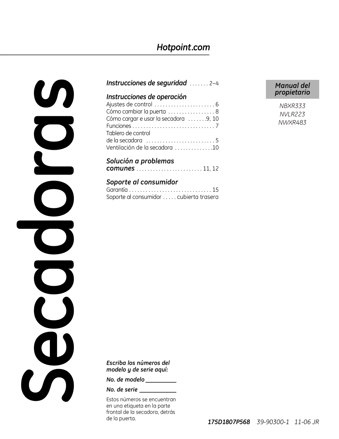Hotpoint NBXR333 owner manual 175D1807P568, Instrucciones de seguridad, No. de modelo No. de serie, De la puerta 