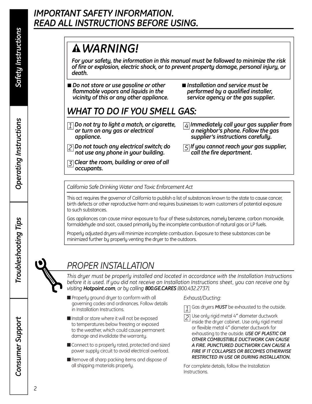 Hotpoint NBXR333 Clear the room, building or area of all occupants, Gas dryers Must be exhausted to the outside 