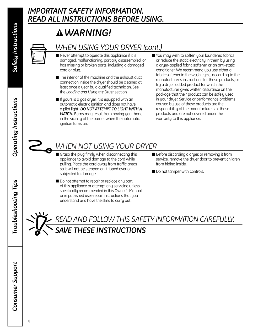 Hotpoint NBXR333 owner manual When Using Your Dryer, Operating 