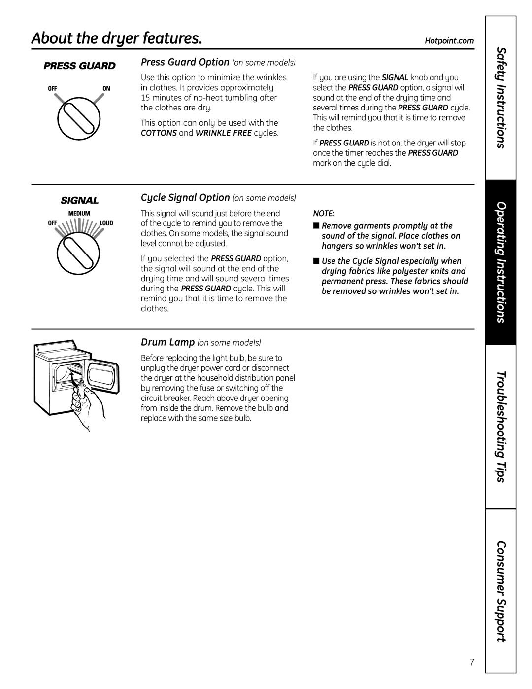 Hotpoint NBXR333 About the dryer features, Press Guard Option on some models, Cycle Signal Option on some models, Safety 