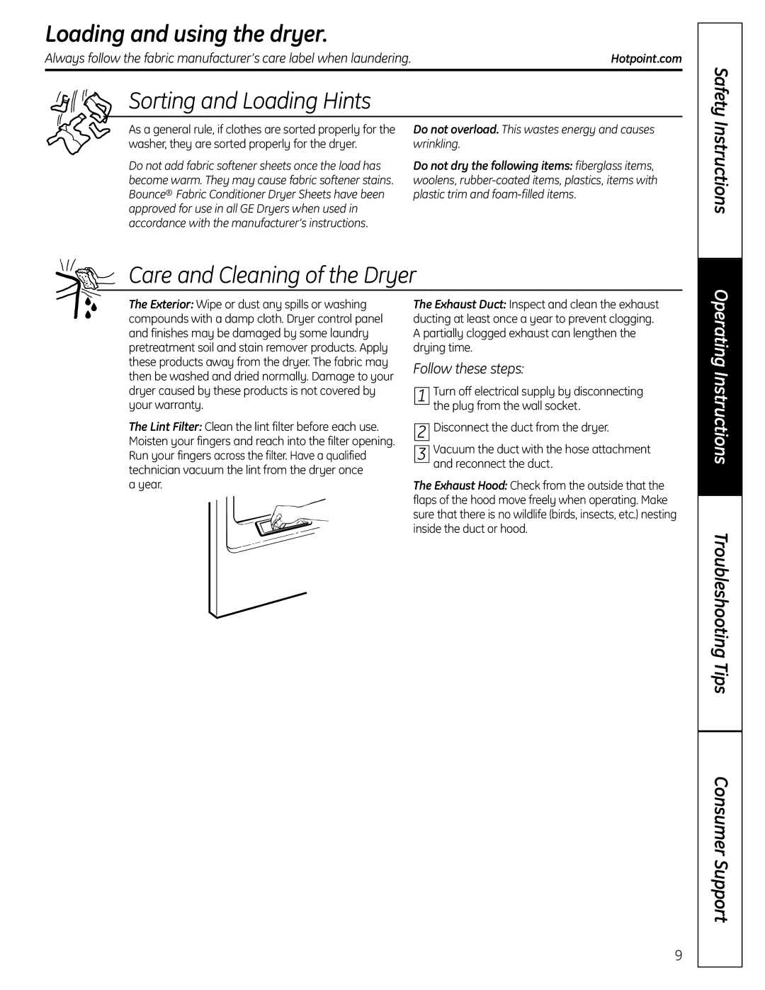 Hotpoint NBXR333 owner manual Loading and using the dryer, Sorting and Loading Hints, Care and Cleaning of the Dryer 