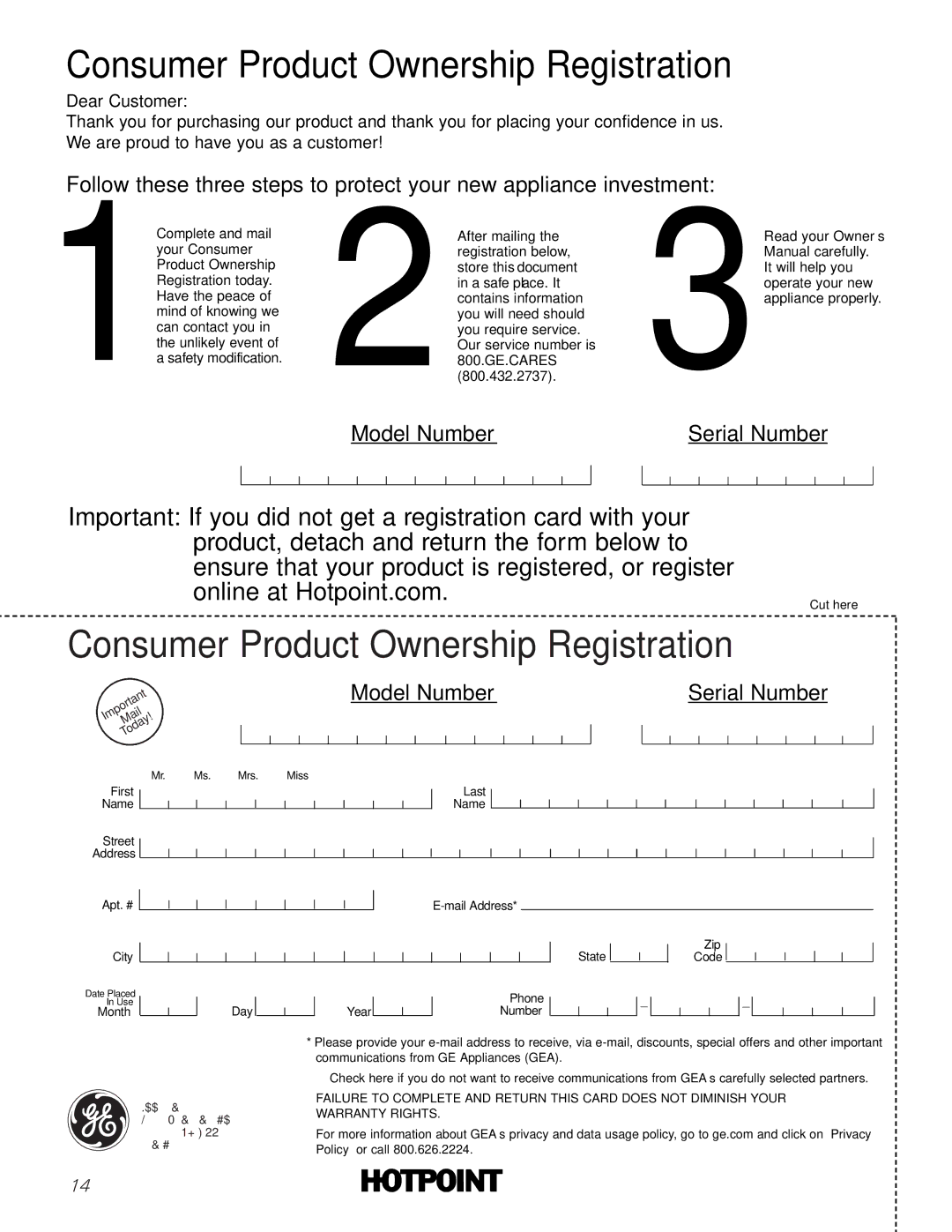 Hotpoint NBXR463 owner manual Consumer Product Ownership Registration 