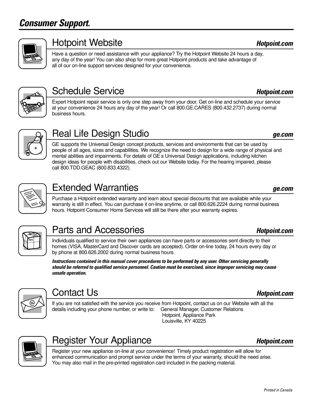 Hotpoint NBXR463 Consumer Support Hotpoint Website, Schedule Service, Real Life Design Studio, Extended Warranties 