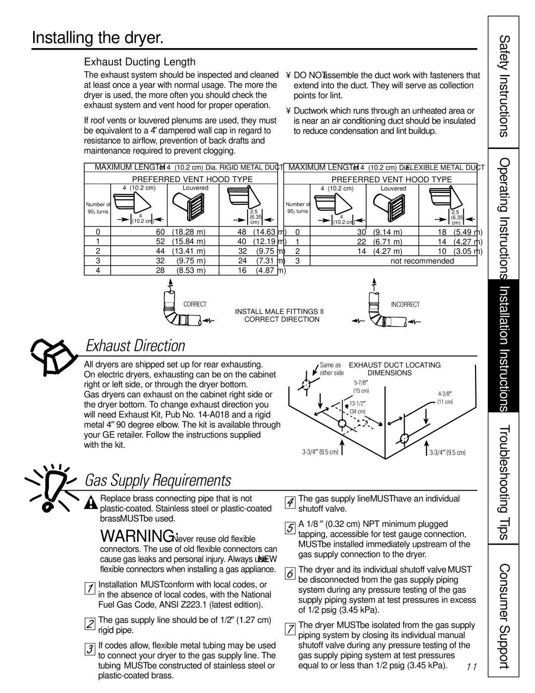 Hotpoint NLL113 Installing the dryer, Exhaust Direction, Gas Supply Requirements, Tips Consumer Support 