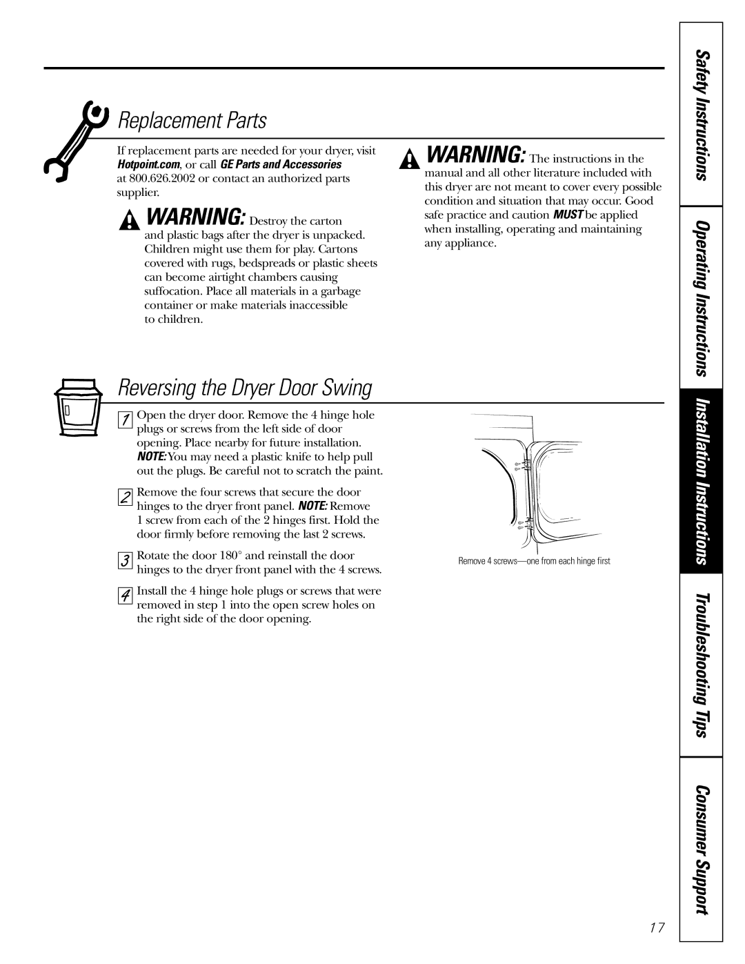 Hotpoint NLL113 operating instructions Replacement Parts, Reversing the Dryer Door Swing 