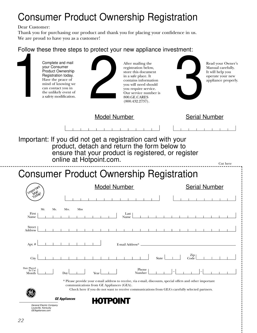 Hotpoint NLL113 operating instructions Consumer Product Ownership Registration 