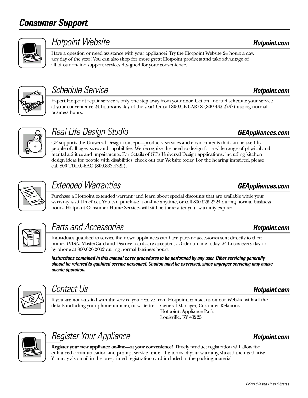 Hotpoint NLL113 Consumer Support Hotpoint Website, Schedule Service, Real Life Design Studio, Extended Warranties 