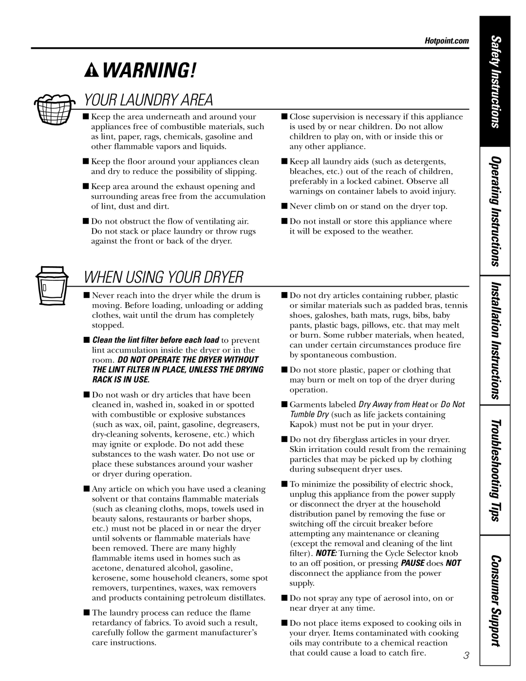 Hotpoint NLL113 operating instructions Hotpoint.com, Lint Filter in PLACE, Unless the Drying Rack is in USE 