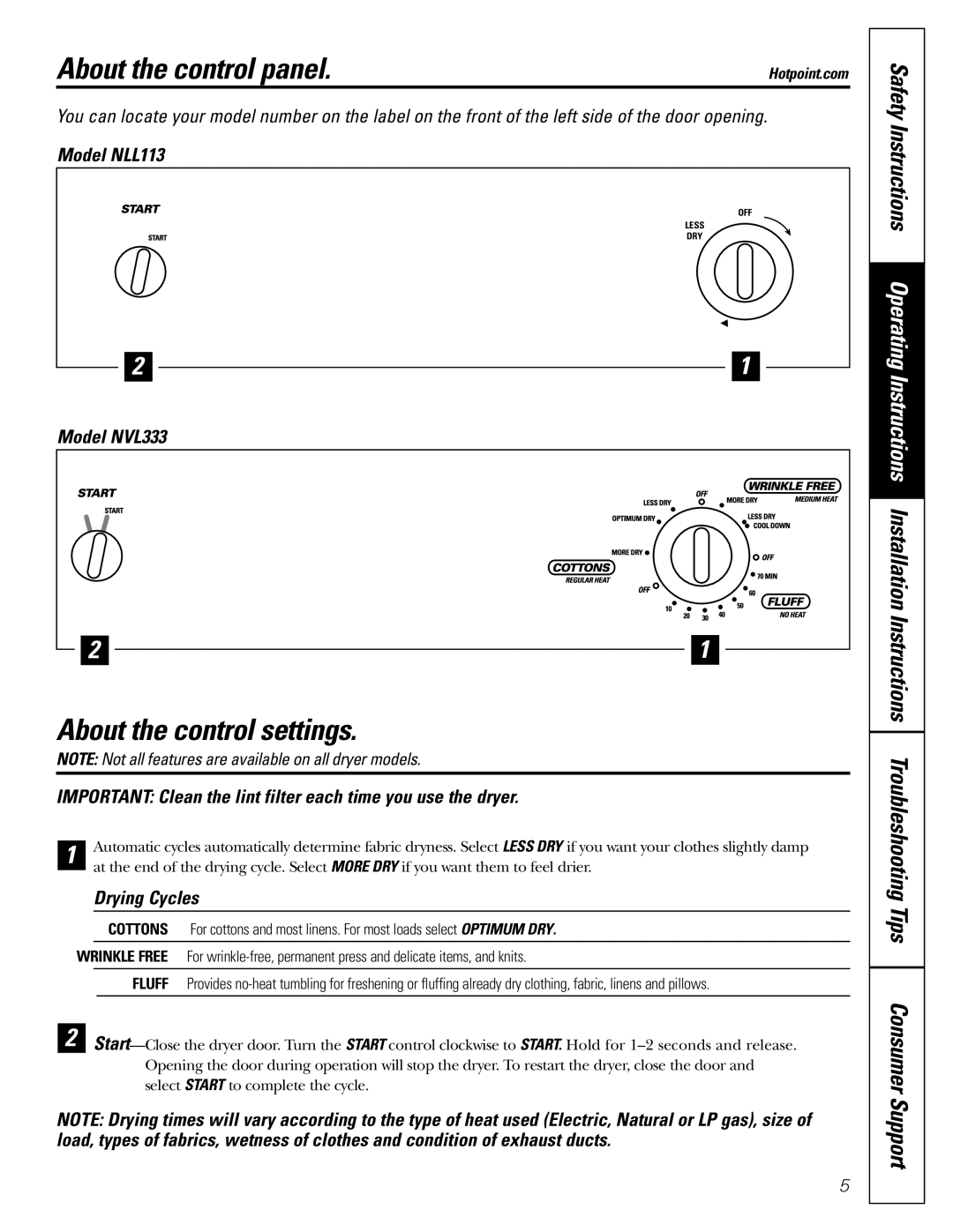 Hotpoint NLL113 operating instructions About the control panel, About the control settings 