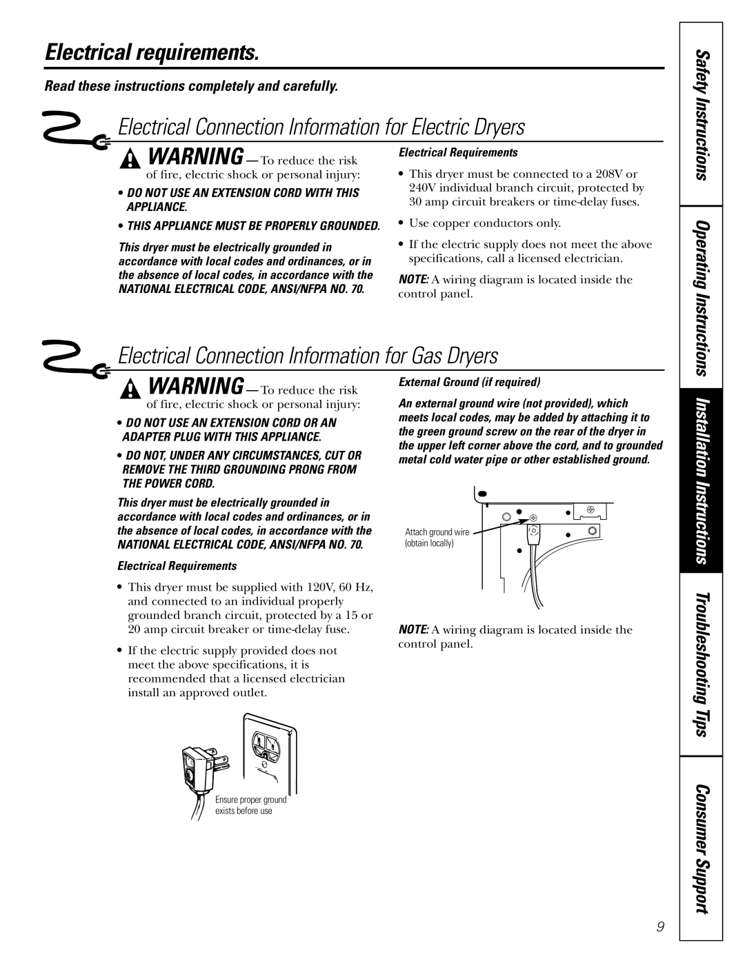 Hotpoint NLL113 operating instructions Electrical requirements, Electrical Connection Information for Gas Dryers 